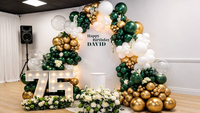 Dark green, gold and white balloon arch over a birthday sign, with lit marquee numbers and white florals at the base