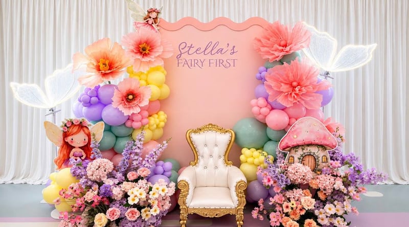 Pink backdrop with glowing fairy wings, giant paper flowers, pastel balloons and a white throne chair