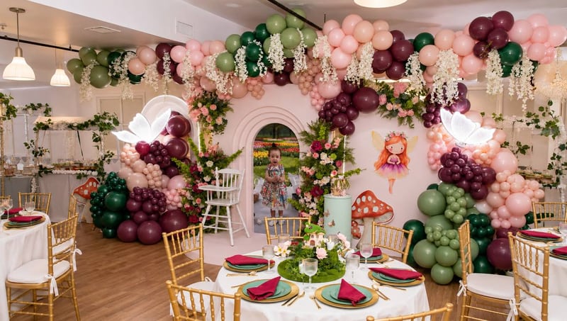 Round dining tables set with burgundy and sage florals beneath balloon and floral garlands