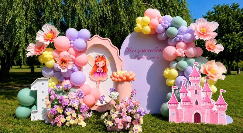 Outdoor installation with pastel balloons, oversized flowers, a number one and a pink castle