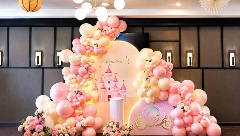 Pink balloon mountain with a castle and carriage cutout