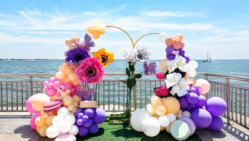 Colorful balloon clusters and oversized paper flowers on a waterfront deck